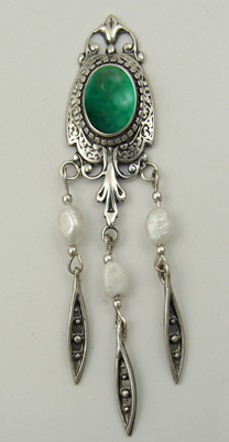 Sterling Silver Victorian Style Drop Dangle Earrings With Green Turquoise